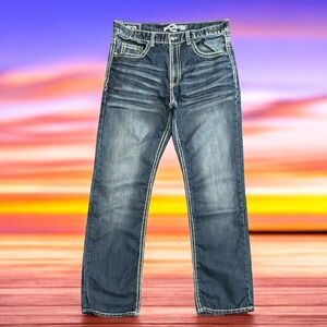 Request Y2K Relaxed Straight Distressed Embroidered Blue Denim Men's Jeans 34x34